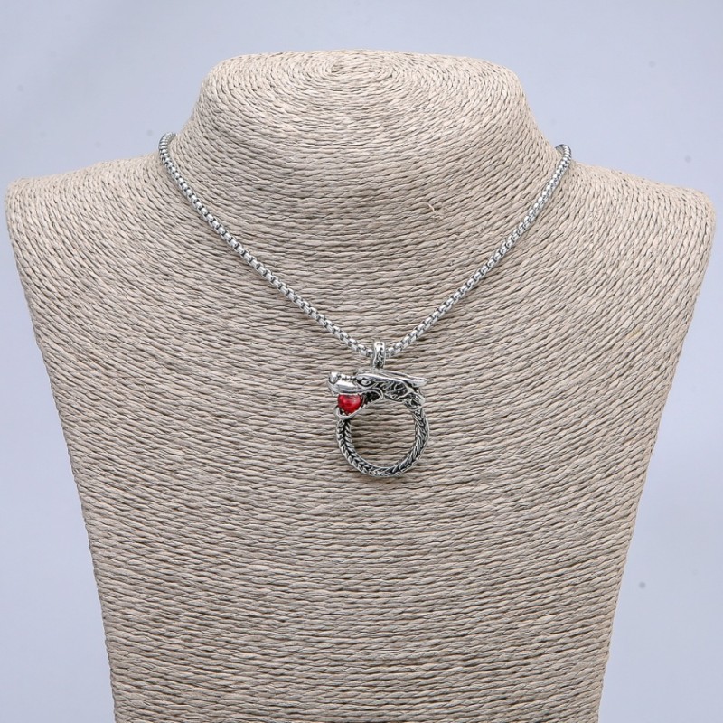 Pendant "Dragon with Red Ball" 36x25mm on chain, length 70cm +/- silver-tone metal