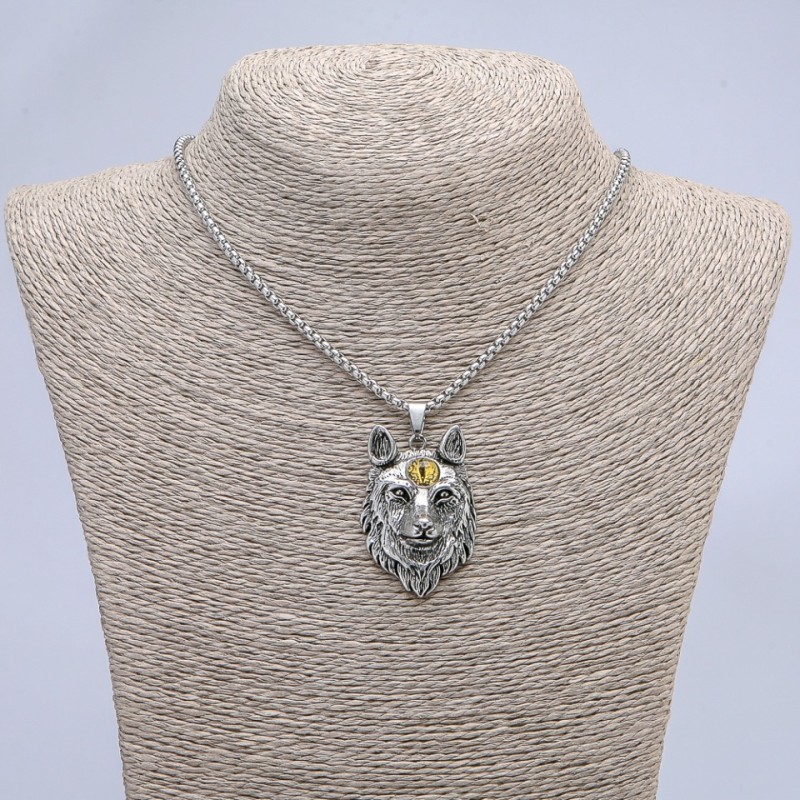 Amulet Pendant "Wolf", yellow eye 29x47mm on chain, length 65cm metal colour silver