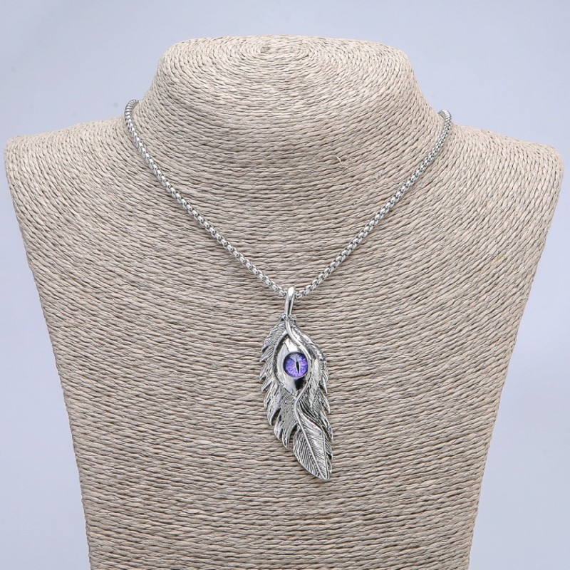 Pendant "Feather with Dragon Eye" 65x23mm on chain, length 70cm +/- silver-tone metal