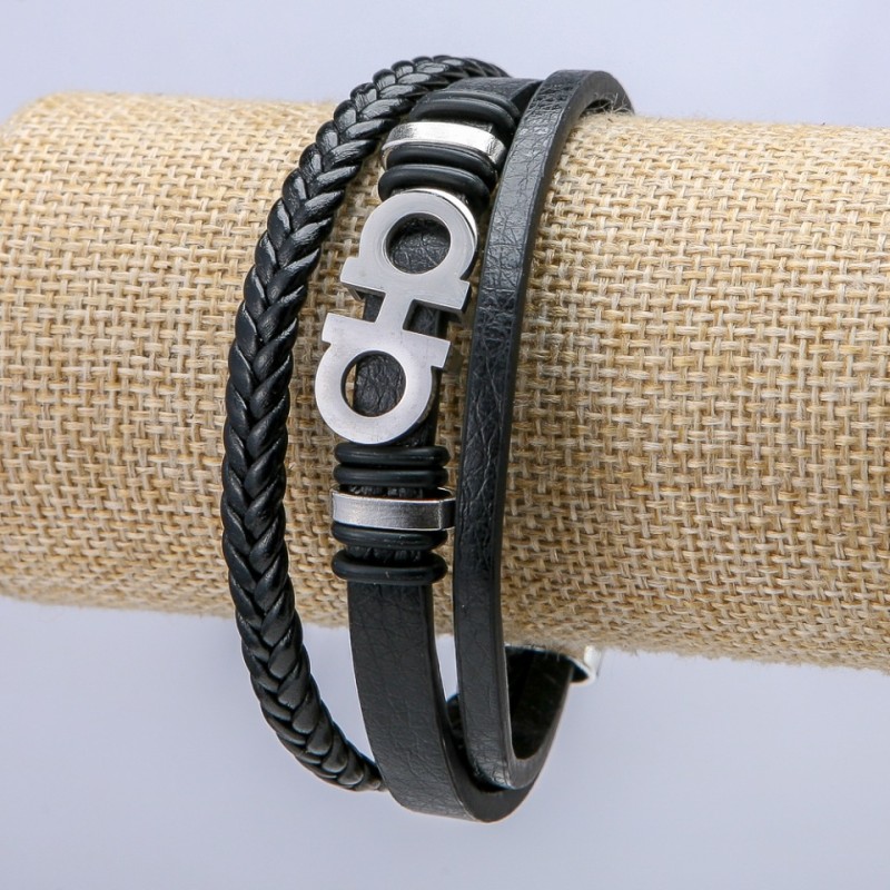 Men's Bracelet, Black Eco-Leather, Thickness 10mm +/- Silver-Tone Inserts, Length 21cm