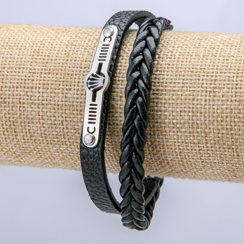Men's Bracelet, Black Eco-Leather, Thickness 8.5mm +/- Silver-Tone Inserts, Length 21cm