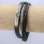 Men's Bracelet, Black Eco-Leather, Thickness 8.5mm +/- Silver-Tone Inserts, Length 21cm