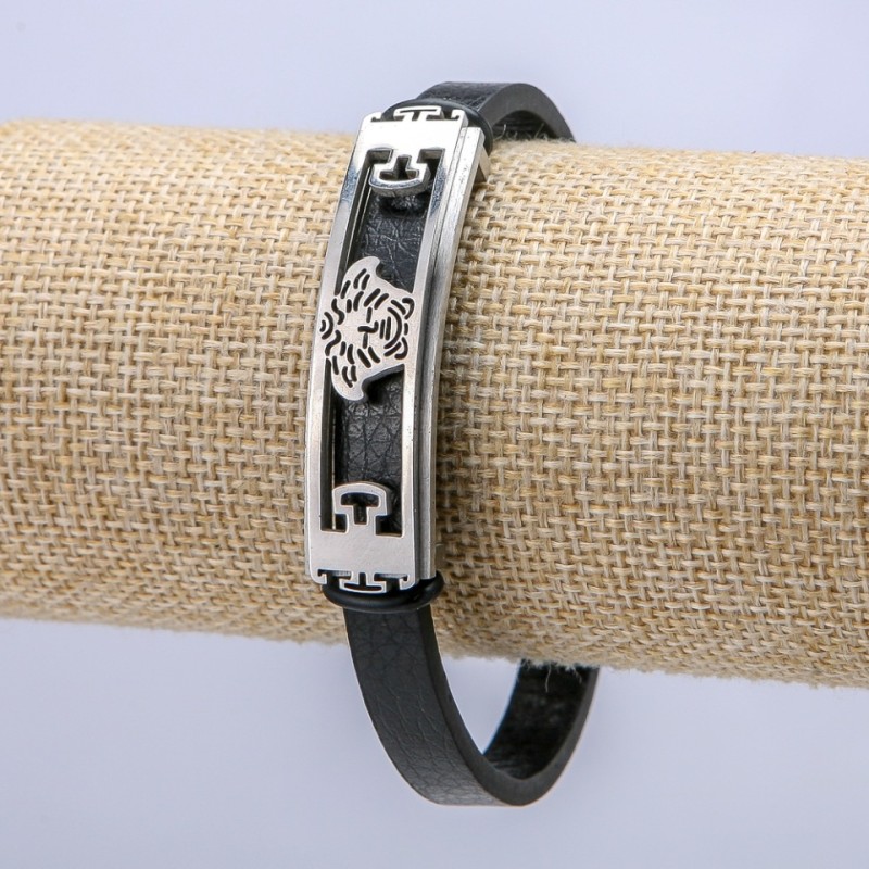 Men's Belt-Style Bracelet, Black Eco-Leather, Thickness 7mm +/- Silver-Tone Blade, Length 57cm