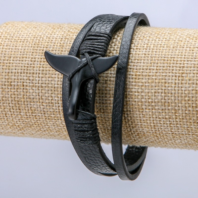 Men's "Tail" Bracelet, Black Eco-Leather, Thickness 9mm +/- Black Inserts, Length 22cm