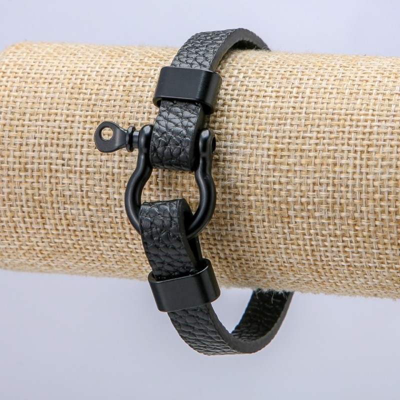 Men's Belt-Style Bracelet, Black Eco-Leather, Thickness 9.5mm +/-, Length 22cm