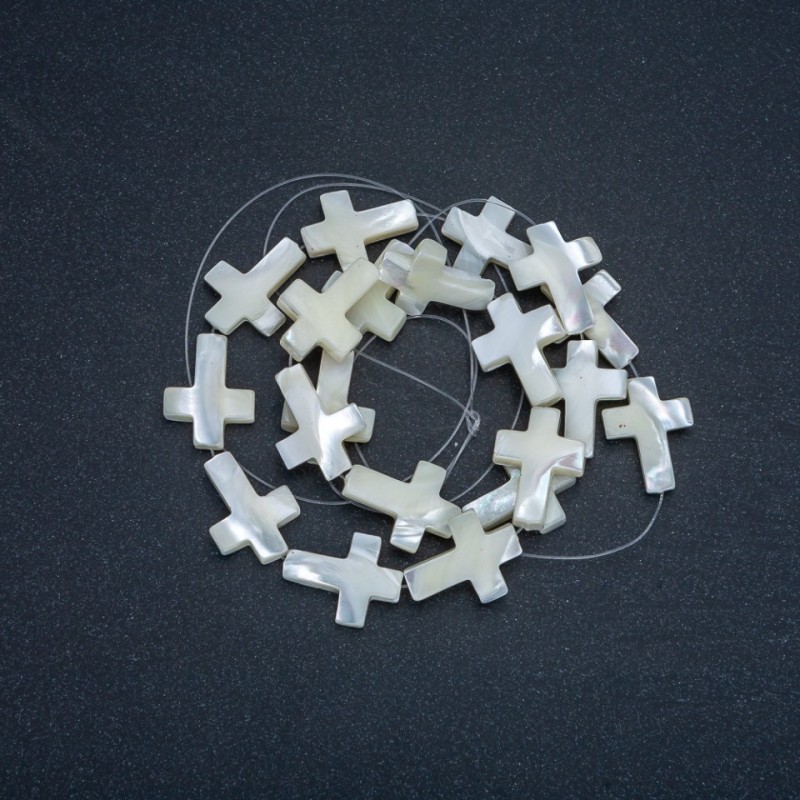 Natural White Mother-of-Pearl Cross Beads on Thread, Diameter 20x15mm, Length 41cm +
