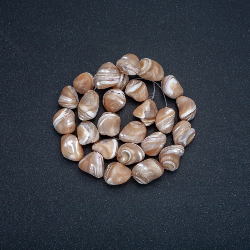 Natural Beige Mother-of-Pearl Beads on Thread, Tumbled, Diameter 19x12mm, Length 41cm +