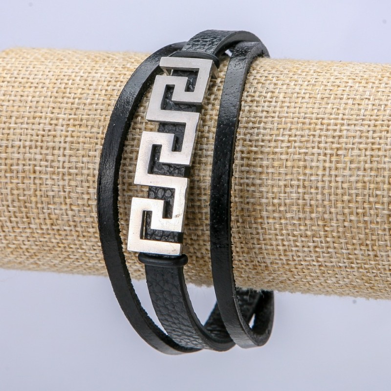 Men's Bracelet Black Eco-Leather, Thickness 10mm +/- Silver Insert, Length 21cm