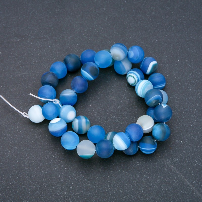 Natural Agate Beads on Thread, Blue Matte, Diameter 10mm, Length 37cm+