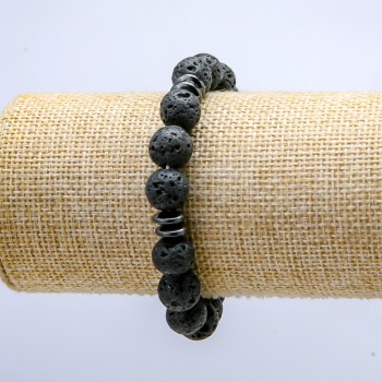Lava Stone Bracelet on Elastic, 10mm+/- Diameter, with Dark Accents