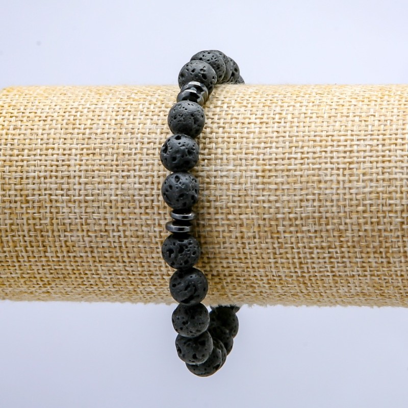 Lava Stone Bracelet on Elastic, Diameter 8mm+/-, with Dark Inserts