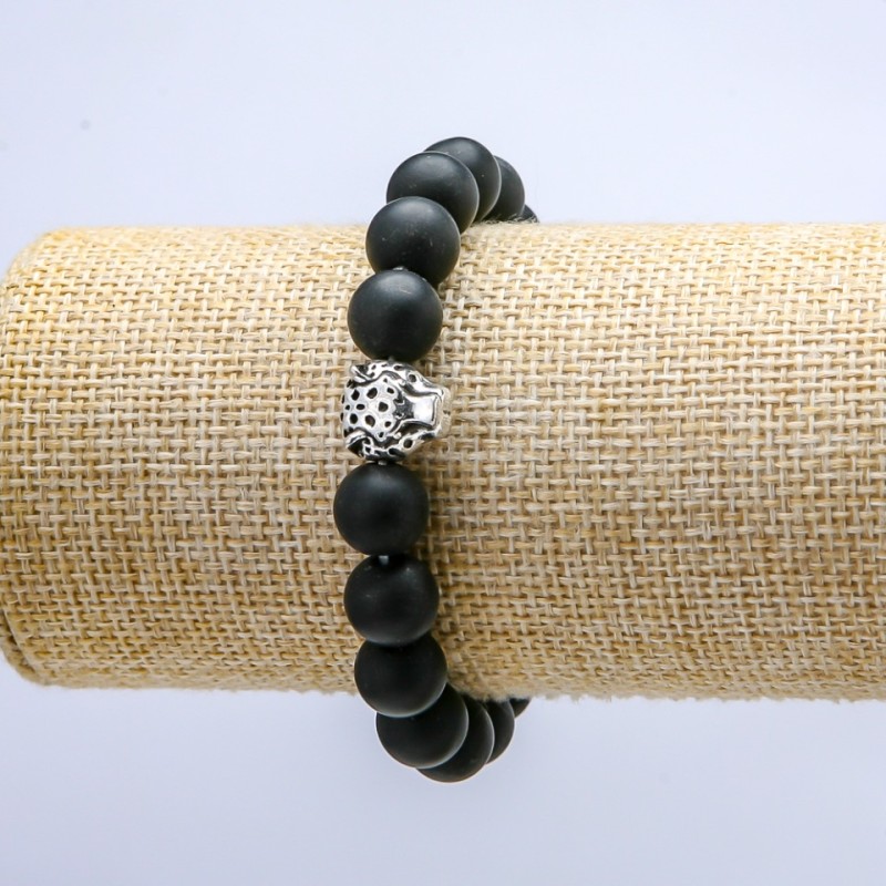 Shungite Bracelet (Artificial) on Elastic, Diameter 10mm+/-, Leopard Charm, Length 18cm+