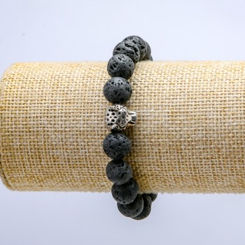 Lava Stone Bracelet on Elastic, Diameter 10mm+/-, with Leopard Charm