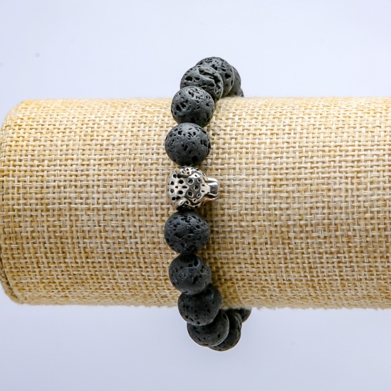 Lava Stone Bracelet on Elastic, Diameter 10mm+/-, with Leopard Charm