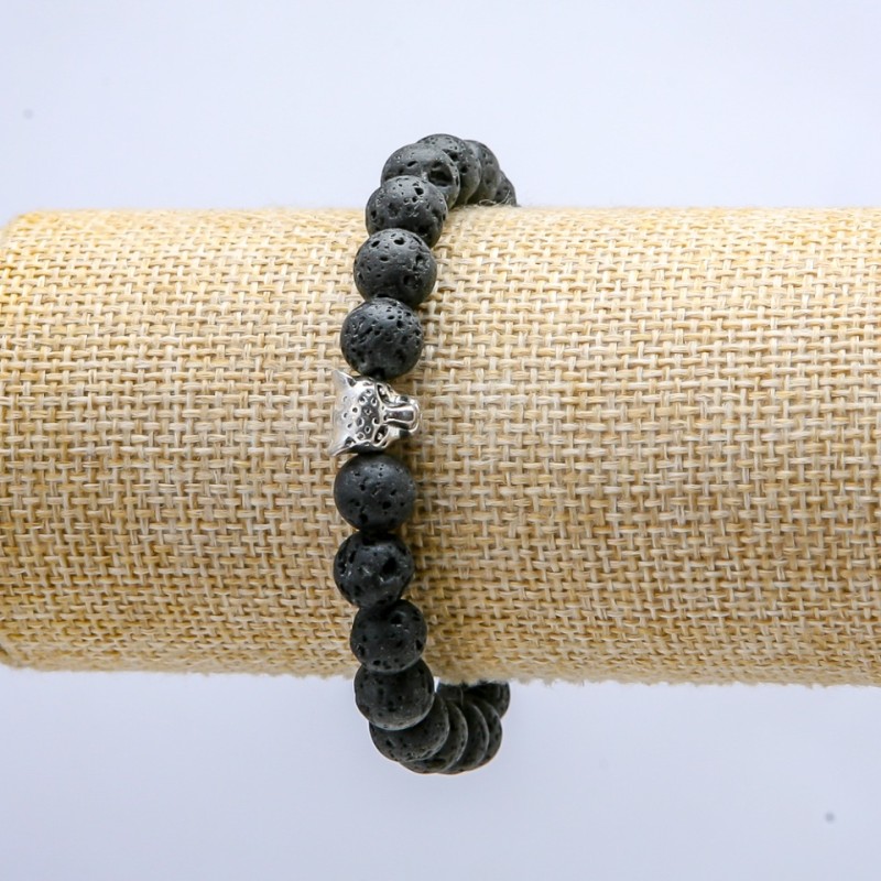Lava Stone Bracelet on Elastic, Diameter 8mm+/-, with Leopard Charm