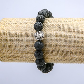 Lava Stone Bracelet on Elastic, Diameter 10mm+/-, with Lion Charm