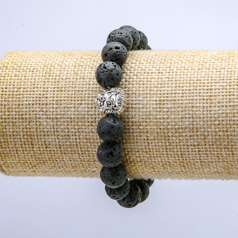 Lava Stone Bracelet on Elastic, Diameter 10mm+/-, with Lion Charm