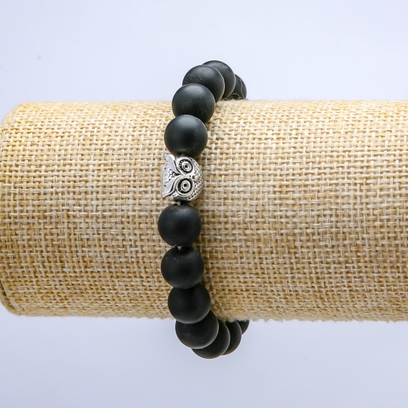 Shungite Bracelet (Artificial) on Elastic, Diameter 10mm+/-, Owl Charm, Length 18cm+