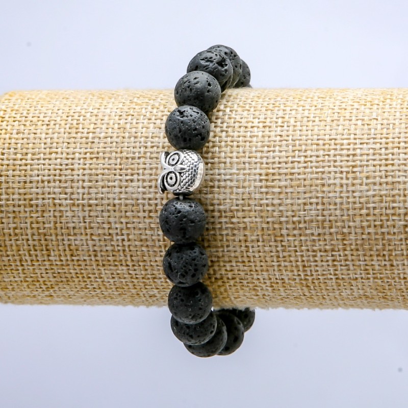 Lava Stone Bracelet on Elastic, Diameter 10mm+/-, with Owl Charm