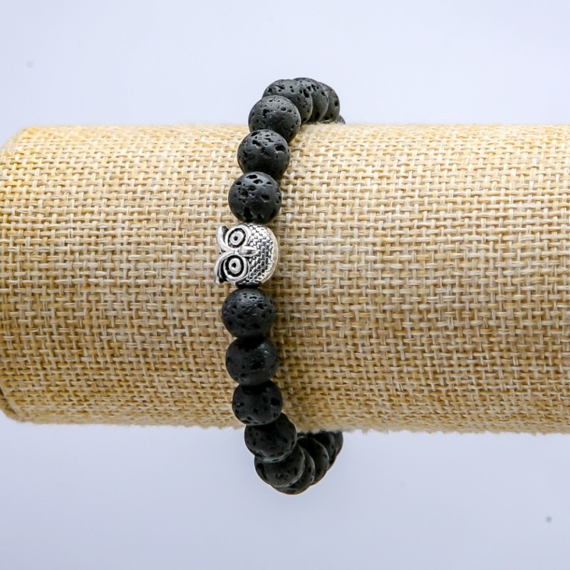 Lava Stone Bracelet on Elastic, Diameter 8mm+/-, with Owl