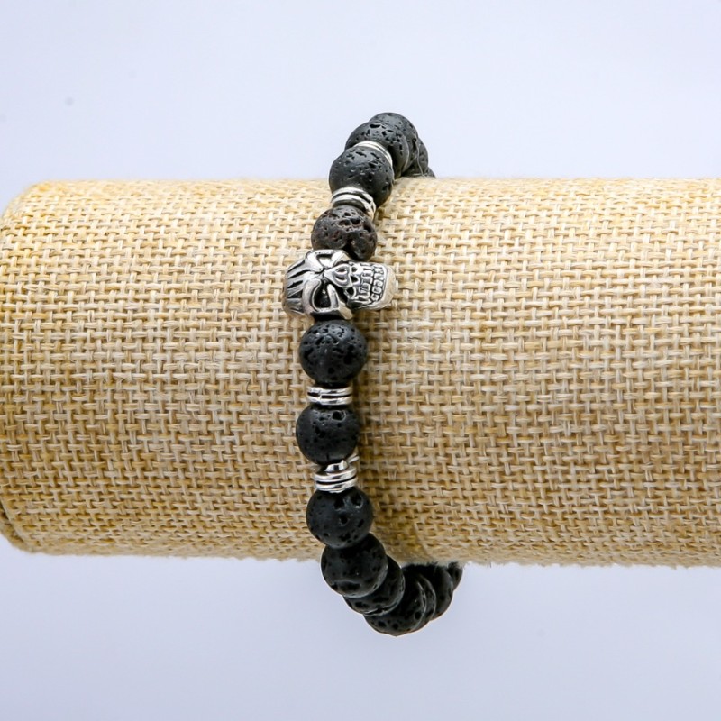 Lava Stone Bracelet on Elastic, Diameter 8mm+/-, with Skull and Inserts
