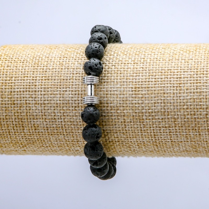 Lava Stone Bracelet on Elastic, Diameter 8mm+/-, with Dumbbell