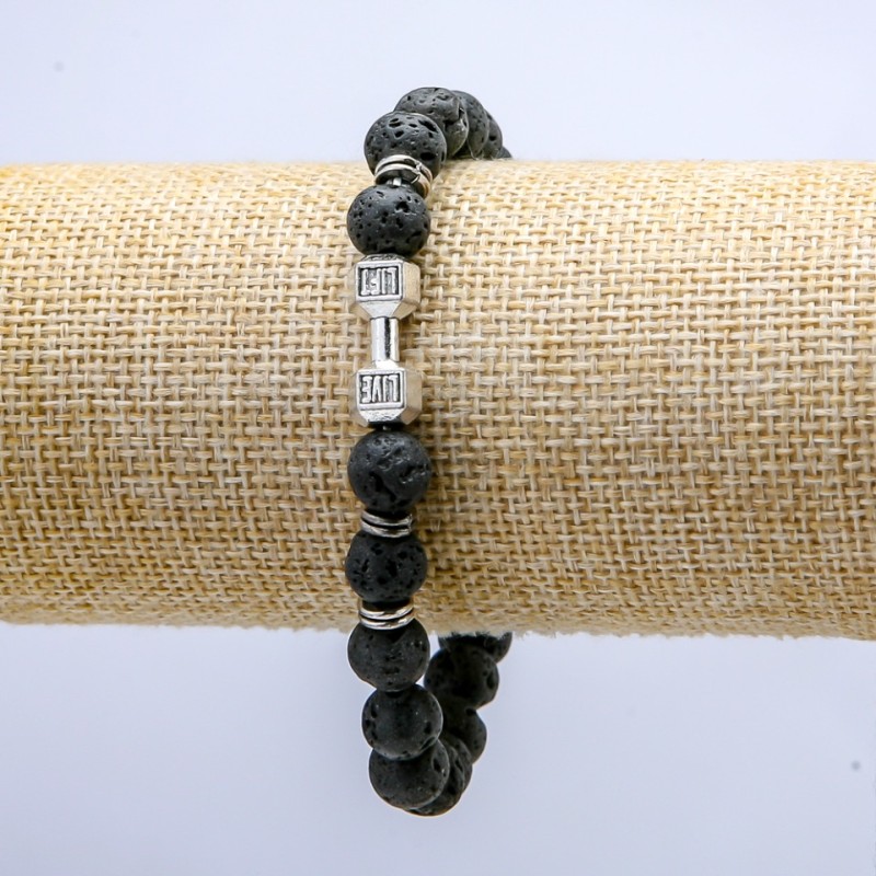 Lava Stretch Bracelet, 8mm+/- Diameter, with Dumbbell Charm and Inserts