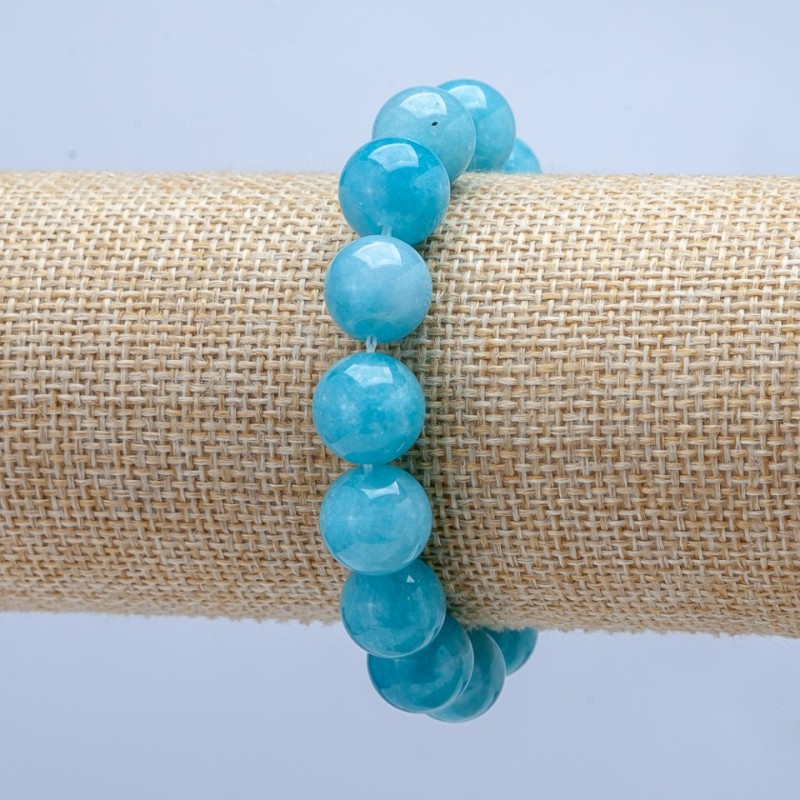 Aquamarine Natural Stone Bracelet on Elastic, Smooth Bead, Diameter 12mm+