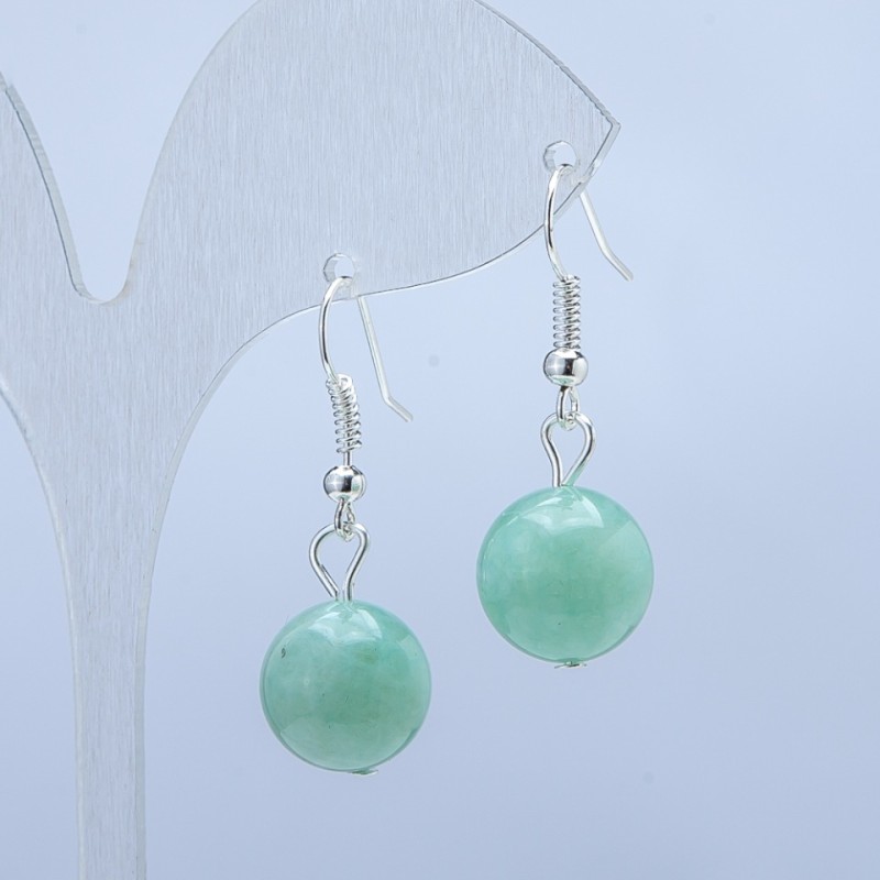 Burmese Jadeite Natural Stone Earrings, Smooth Round Beads, 12mm+/- Diameter, 35mm Length