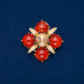 Amber (Faux) Brooch with Black Rhinestones, Golden Crystal and Enamel, Golden Metal 48mm+