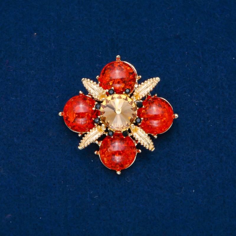 Amber (Faux) Brooch with Black Rhinestones, Golden Crystal and Enamel, Golden Metal 48mm+