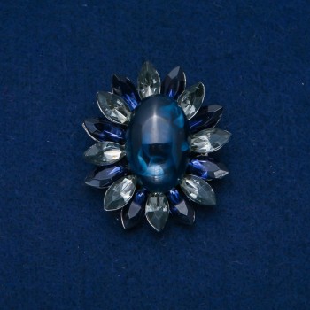 Flower Brooch 50x43mm Agate Cabochon, Blue, Grey, Silver-Tone Metal