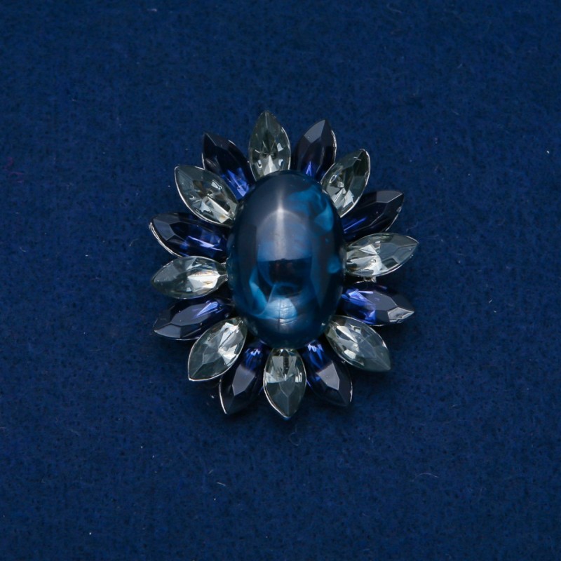 Flower Brooch 50x43mm Agate Cabochon, Blue, Grey, Silver-Tone Metal