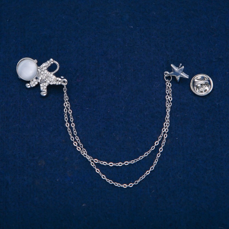 Cosmonaut Brooch with Cat's Eye Cabochon and White Rhinestones, Silver-Tone Metal 27x20mm+/-, Length 12cm+