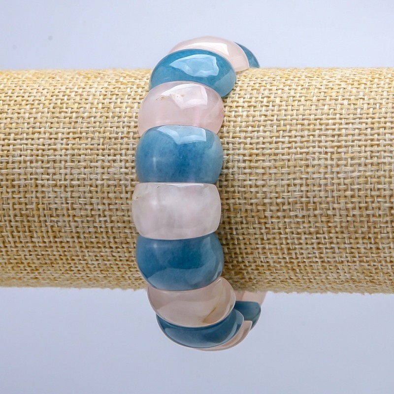 Bracelet on Elastic with Natural Rose Quartz and Aquamarine Stone, Smooth Link 20x12mm+