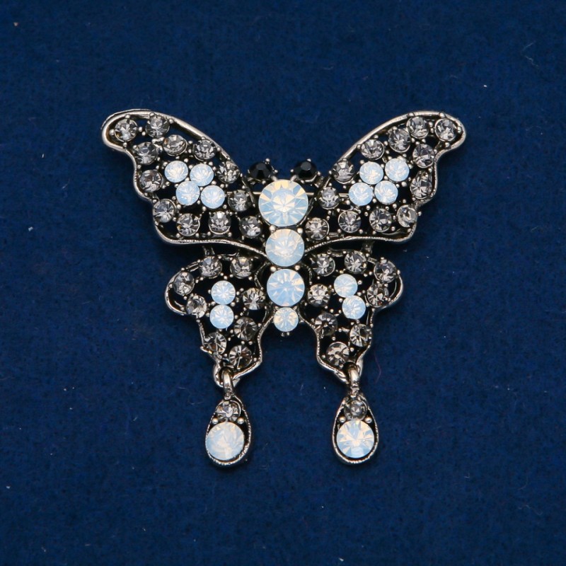 Sale! Butterfly Brooch, white matte and grey rhinestones, dark silver-tone metal 35x48mm +