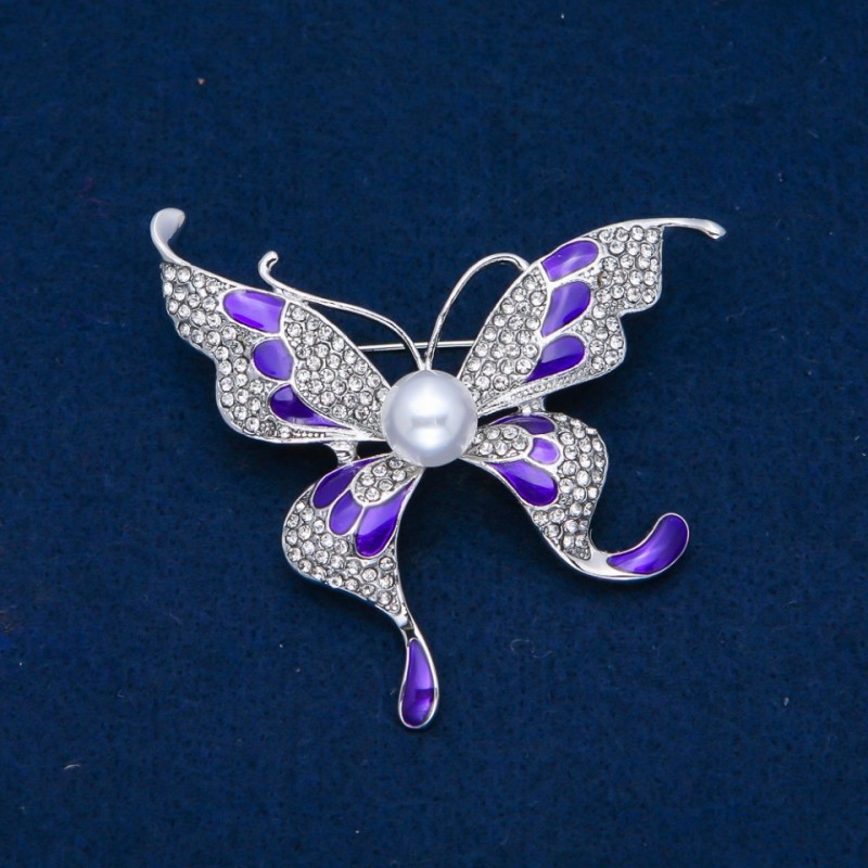 Sale! Butterfly Brooch, White Rhinestones, Enamel, Bead, Silver-Tone Metal 60x60mm +