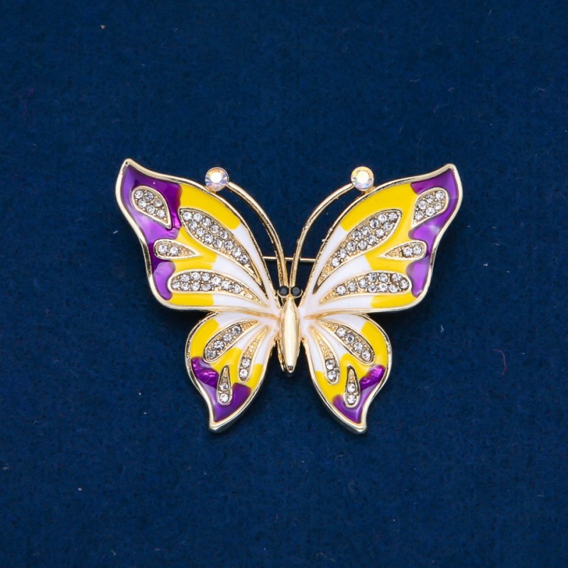 Sale! Butterfly Brooch, Enamel, White Rhinestones, Gold-Tone Metal 54x43mm +