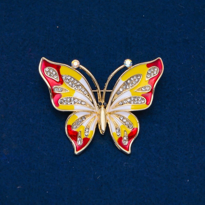 Sale! Butterfly Brooch, enamel, white rhinestones, gold-tone metal 54x43mm +