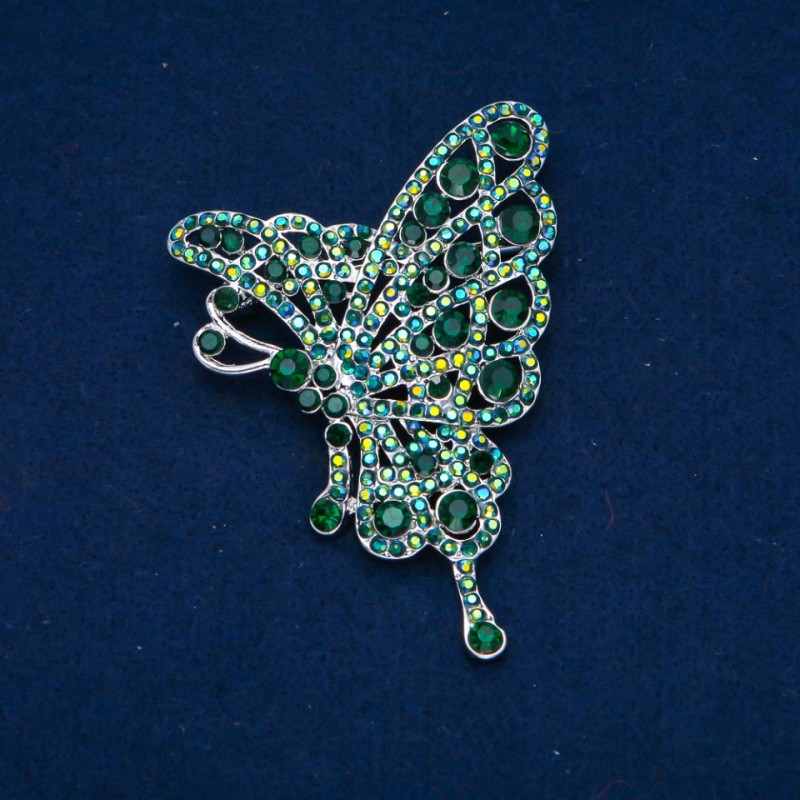 Sale! Butterfly Brooch, green and petrol rhinestones, gold-tone metal 75x50mm +