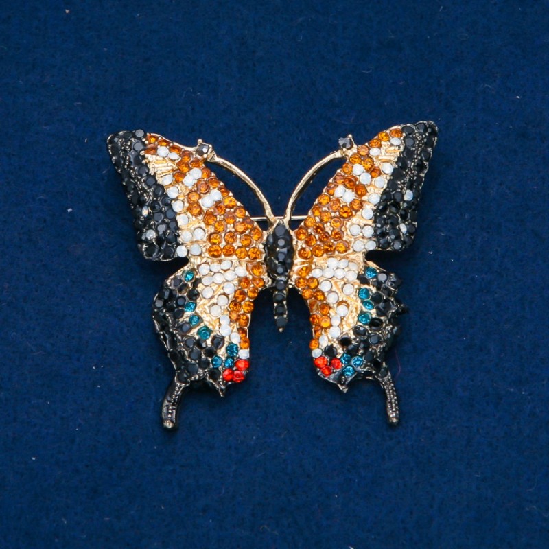 Sale! Butterfly Brooch with Multicoloured Rhinestones, Gold-Tone Metal 50x55mm +