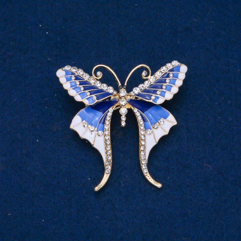 Sale! Butterfly Brooch, white rhinestones, sky-blue, blue and white enamel, gold-tone metal 48x50mm +