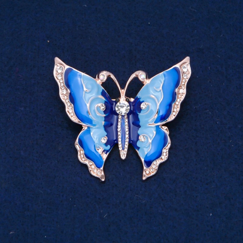 Sale! Butterfly Brooch, White Rhinestones, Light & Dark Blue Enamel, Gold-Tone Metal 47x52mm +