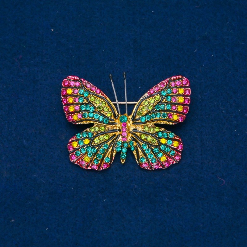 Sale! Butterfly Brooch, yellow, green, raspberry rhinestones, gold-tone metal 35x48mm +