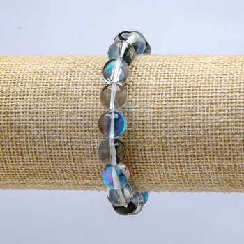 Blue Chameleon Opal Glass Bracelet on Elastic, Smooth Round Bead, 10mm Diameter, 18cm Length
