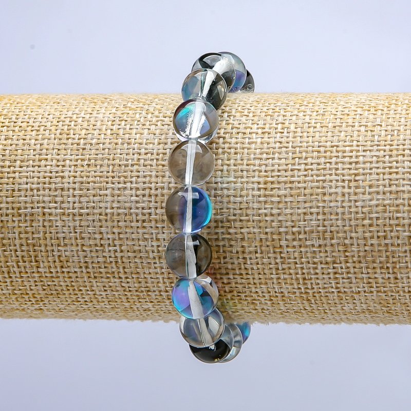 Blue Chameleon Opal Glass Bracelet on Elastic, Smooth Round Bead, 10mm Diameter, 18cm Length