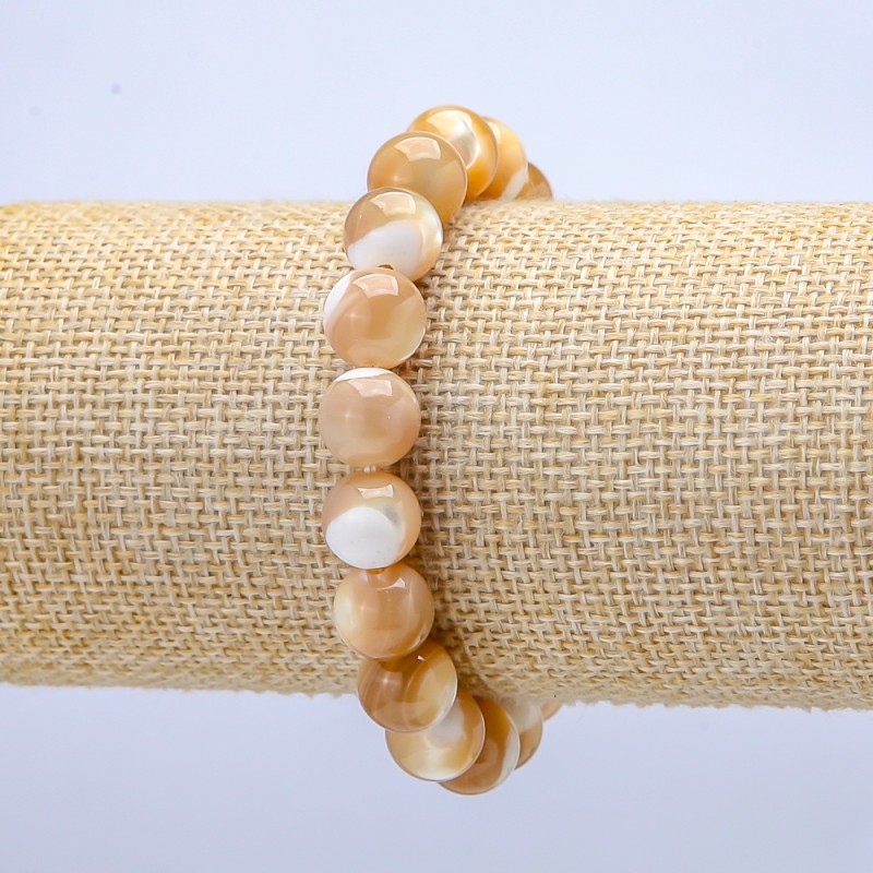Natural Beige Mother-of-Pearl Bracelet on Elastic, smooth round beads, diameter 10mm+/-, length 18cm+