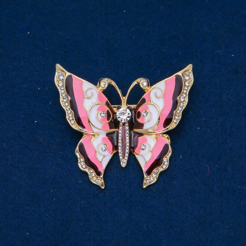 Sale! Butterfly Brooch, golden metal, enamel, white rhinestones 46x52mm+