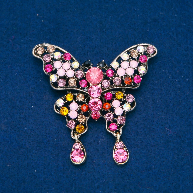 Sale! Butterfly Brooch, gold-tone metal, multicoloured rhinestones, 48x60mm+