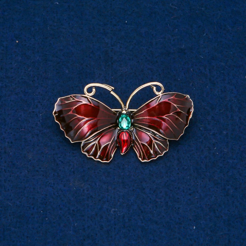 Sale! Butterfly Brooch, gold-tone metal, enamel, green rhinestone, 48x27mm+